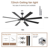 Kviflon 72 Inch Large Ceiling Fans with Lights and Remote, Indoor/Outdoor Black Modern Industrial Ceiling Fan with Light for Living Room Patios Porch, Reversible Quiet Motor, 8 Dual Finish Blades Kviflon