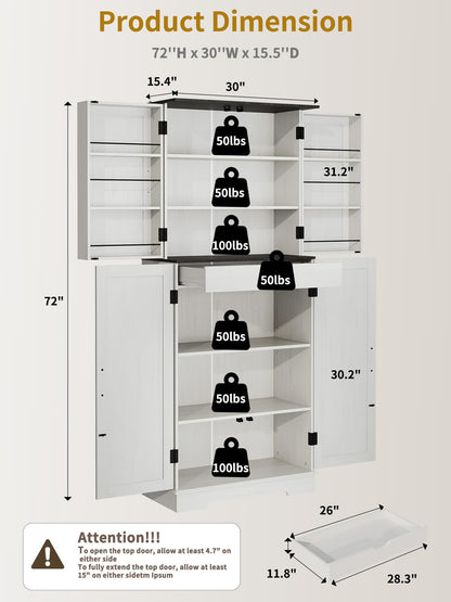 Kitchen Pantry Storage Cabinet 72” Tall, Bathroom Storage Cabinet with 4 Adjustable Shelves and 1 Drawer, Metal Storage Cabinet Freestanding Cupboard for Kitchen, Dining Room, Bathroom (White)