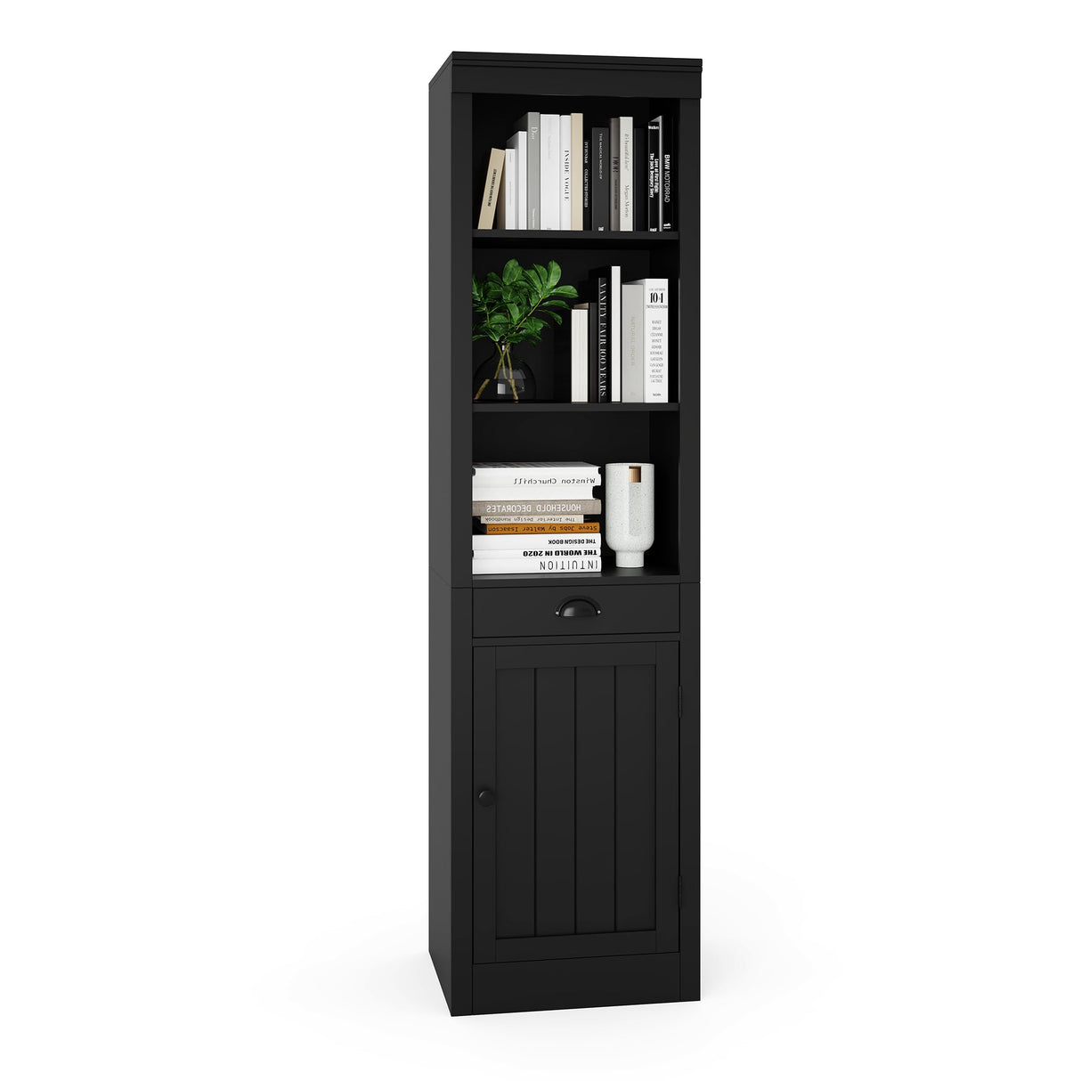 GarveeHome71 inch Tall Narrow Bookcase with Drawer & Door, 3-Tier Bookshelf with Adjustable Shelves, Storage Cabinet for Living Room, Office -Black GarveeHome