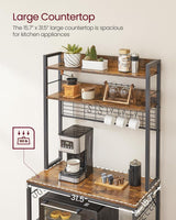 VASAGLE Hutch Bakers Rack with Power Outlet, 14 Hooks Microwave Stand, Adjustable Coffee Bar with Metal Wire Panel, Kitchen Storage Shelf, 15.7 x 31.5 x 66.9 Inches, Rustic Brown and Black UKKS025B01 VASAGLE