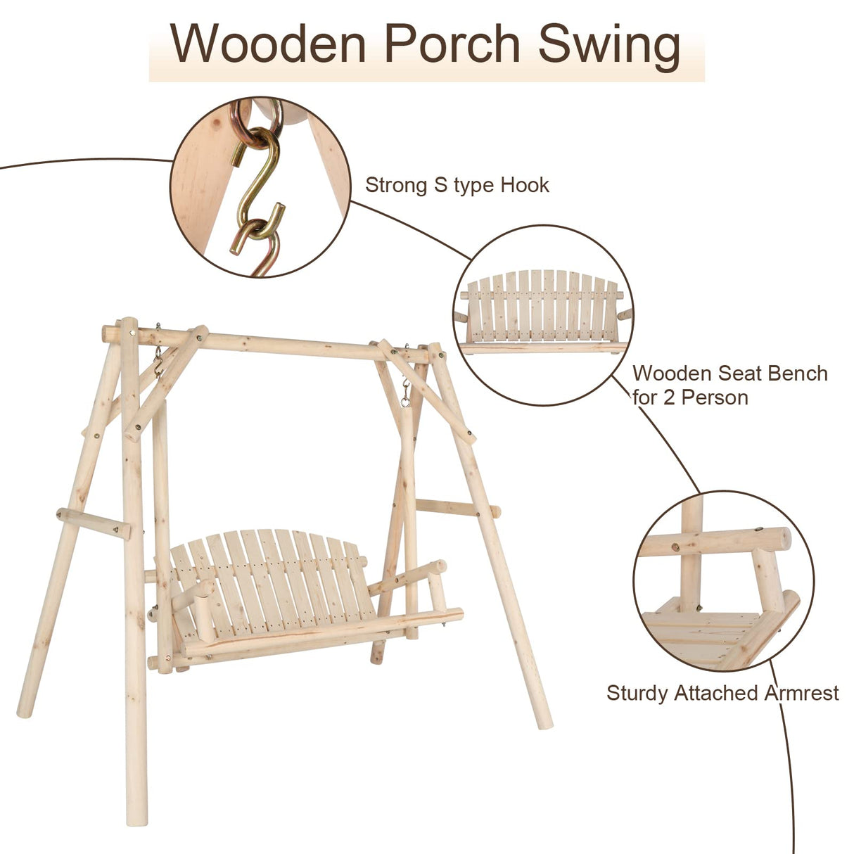 VINGLI Heavy Duty 880 LBS Wooden Patio Porch Swing with A-Frame Stand, Hanging Swing Bench Chair with Frame for Outside, Yard, Garden (Natural) VINGLI