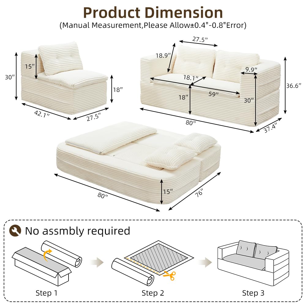 Tabaray 80'' Futon Sofa Bed, King Size Foldable Sleeper Sofa, Corduroy Boneless Loveseat Couch with Chaise Lounge, 3 Pillows, Blanket, Upholstered Sectional Couches for Living Room, Bedroom, Beige Tabaray