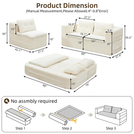 Tabaray 80'' Futon Sofa Bed, King Size Foldable Sleeper Sofa, Corduroy Boneless Loveseat Couch with Chaise Lounge, 3 Pillows, Blanket, Upholstered Sectional Couches for Living Room, Bedroom, Beige Tabaray