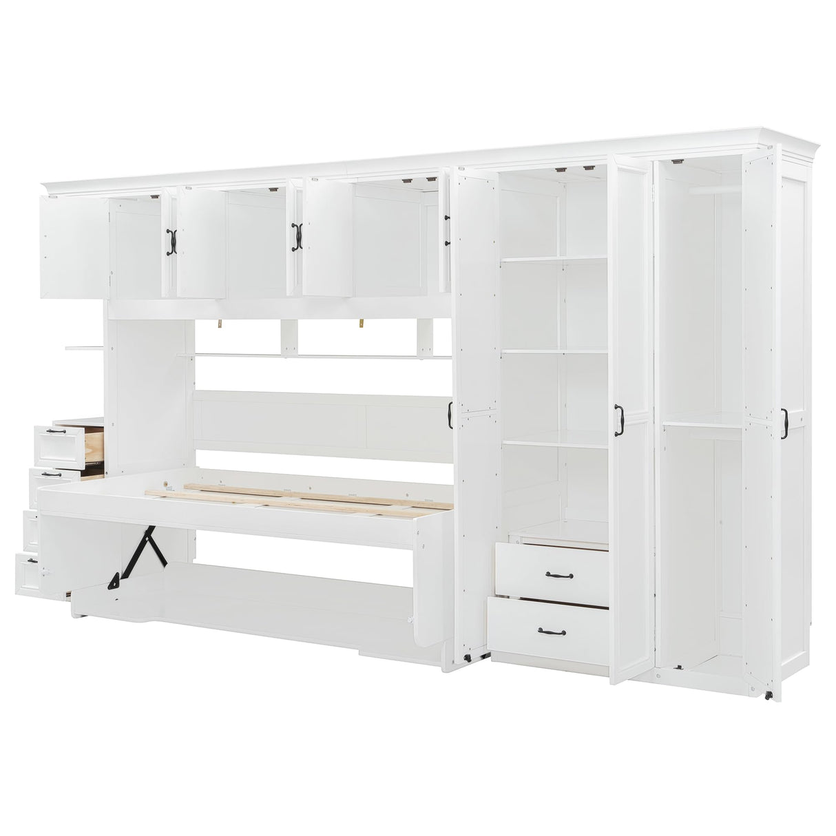 SOFTSEA Twin Size Horizontal Murphy Bed with Desk, Foldable Wall Bed Frame with 3-Door Wardrobe, Drawers & Shelves, Space-Saving Hideaway Bed for Small Space, Apartment, White SOFTSEA