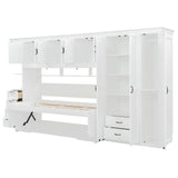 SOFTSEA Twin Size Horizontal Murphy Bed with Desk, Foldable Wall Bed Frame with 3-Door Wardrobe, Drawers & Shelves, Space-Saving Hideaway Bed for Small Space, Apartment, White SOFTSEA
