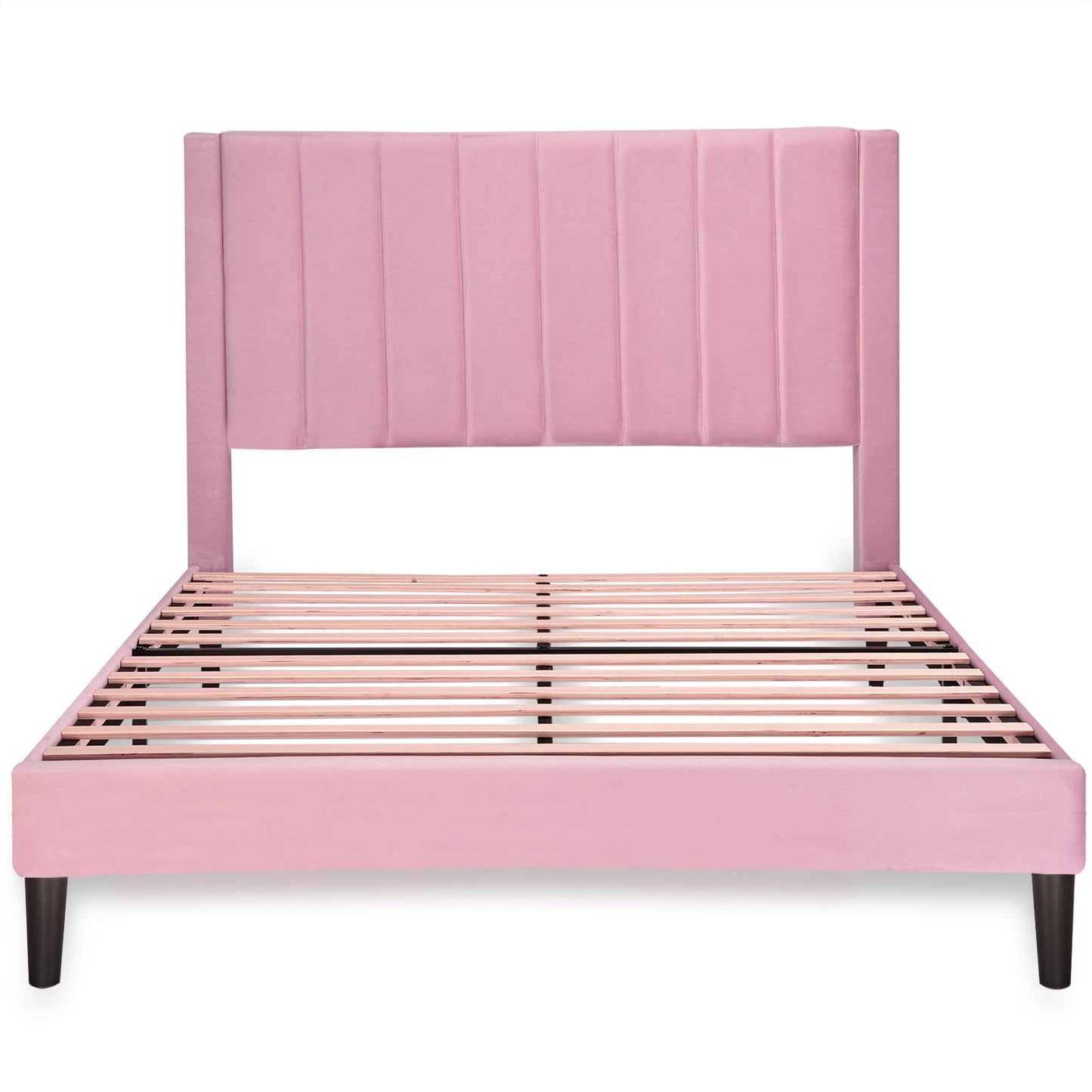 Allewie Queen Platform Bed Frame/Velvet Upholstered Bed Frame with Vertical Channel Tufted Headboard/Strong Wooden Slats/Mattress Foundation/Box Spring Optional/Easy Assembly/Pink