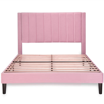 Allewie Full Platform Bed Frame/Velvet Upholstered Bed Frame with Vertical Channel Tufted Headboard/Strong Wooden Slats/Mattress Foundation/Box Spring Optional/Easy Assembly/Pink