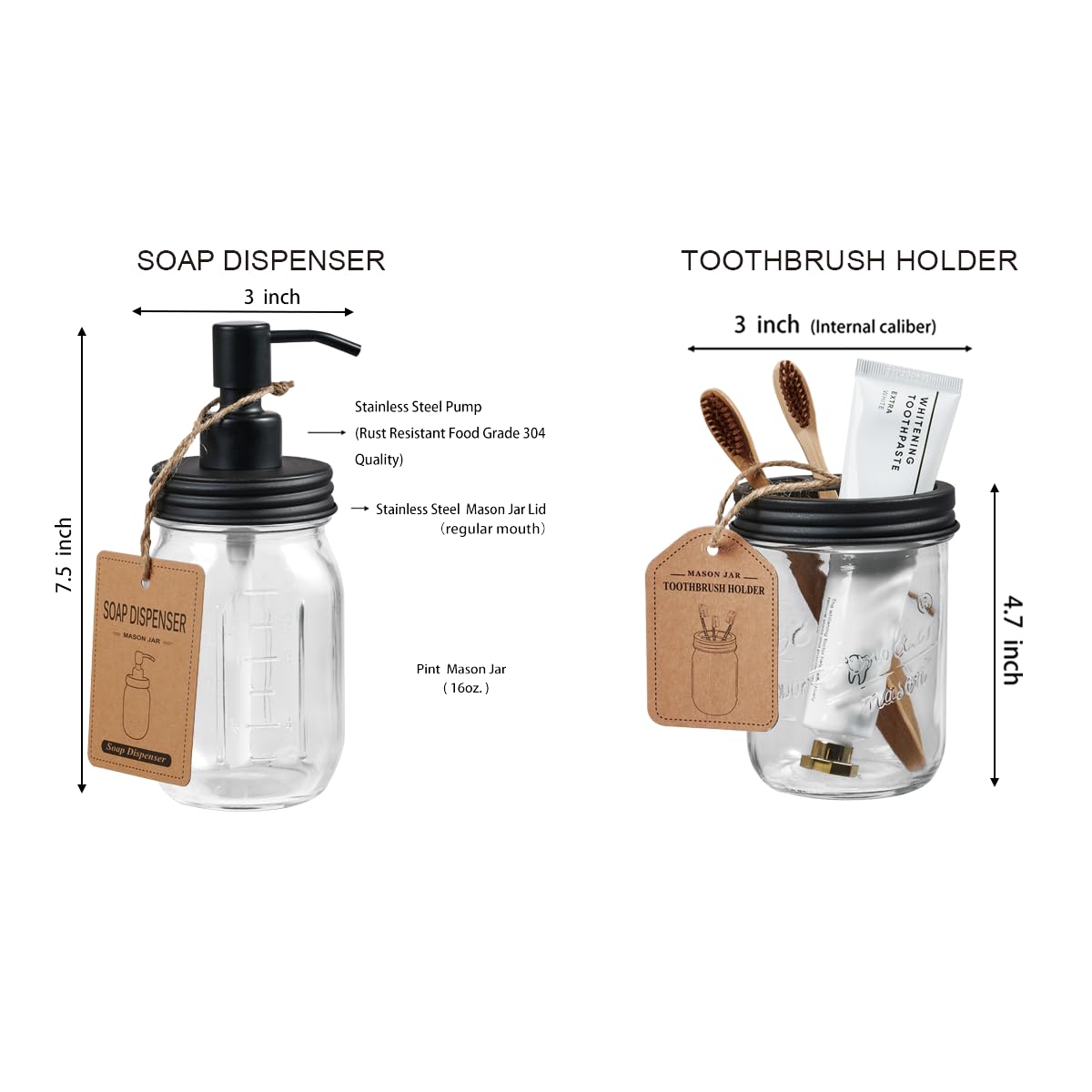 SheeChung Mason Jar Bathroom Accessories Set, 2Pcs Glass Bathroom Accessory Set, Soap Dispenser, Toothbrush Holder, Bathroom Decor, Rustic Farmhouse Decor - Black SheeChung