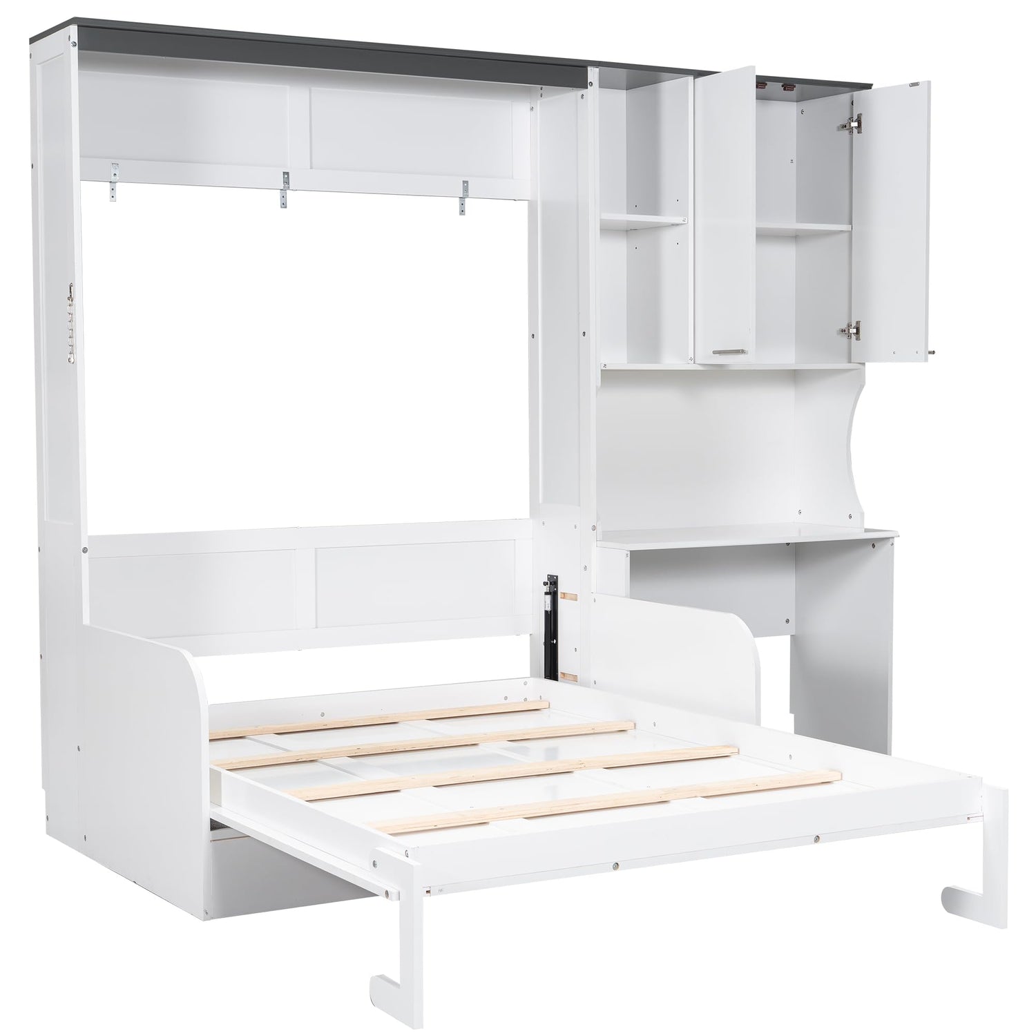 Merax Farmhouse Multi-Functional Murphy Bed with Sofa, Desk & Storage Cabinet,Solid Wood Foldable Wall Bed/Space Saving/No Box Spring Needed/Full,White + Gray Merax