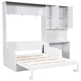 Merax Farmhouse Multi-Functional Murphy Bed with Sofa, Desk & Storage Cabinet,Solid Wood Foldable Wall Bed/Space Saving/No Box Spring Needed/Full,White + Gray Merax