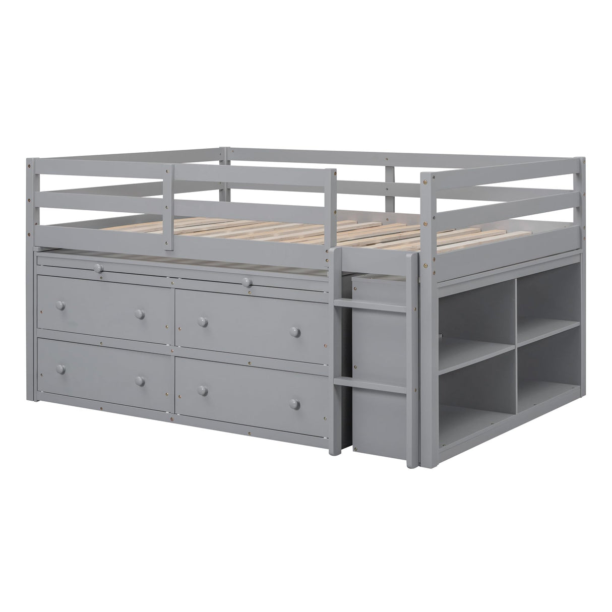 Kids Full Low Loft Bed with Storage, Full Size Loft Bed with Portable Desk and 4 Drawers, Wood Full Loft Bed with Shelves, Modern Farmhouse Junior Loft Bed for Kids Boys Girls, Gray Harper & Bright Designs