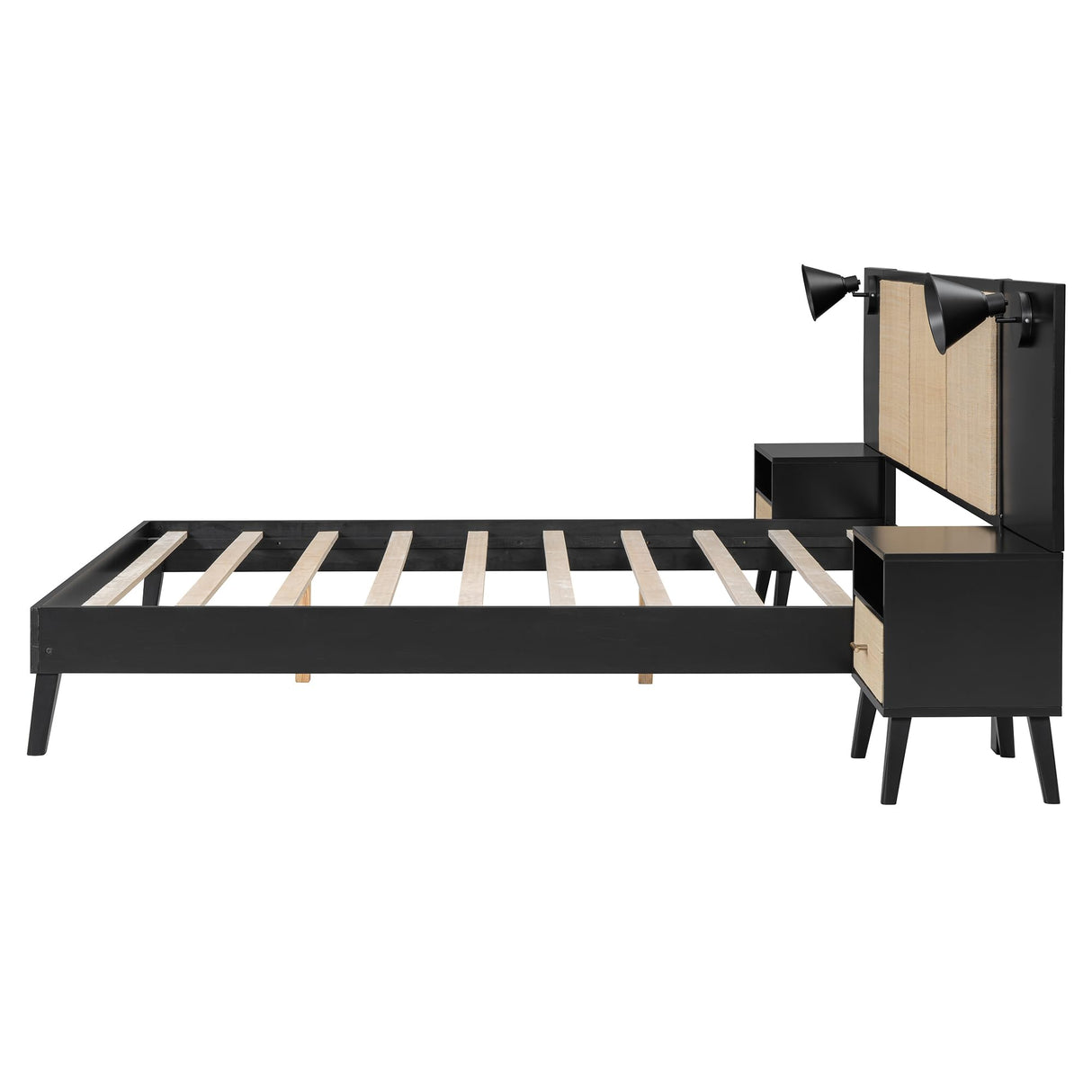 Queen Size Platform Bed Frame with 2 Nightstands, Wooden Queen Bed Frame with Lamps, Elegant Design, Rattan and Wood Combination, Black Harper & Bright Designs