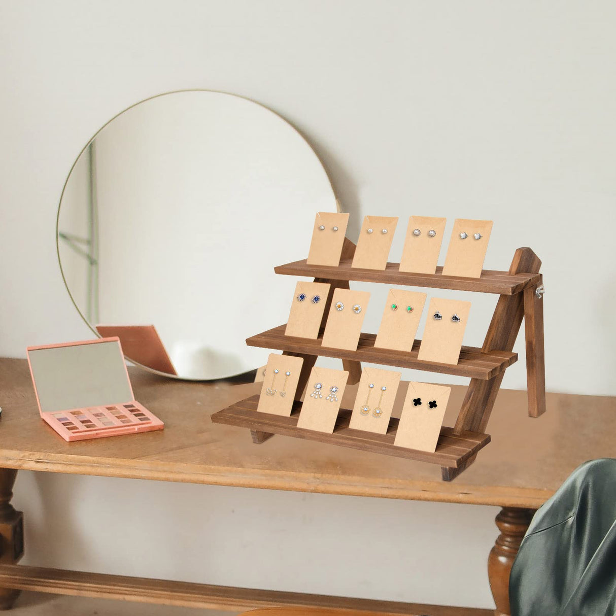 ZYP 51pcs 3-Tier Wood Earring Display Stand, Retail Jewelry Card Stand with Groove + 50 Cards Portable Ring Organizer Holder Showcase Racks for Business Home Using ZYP