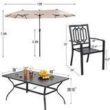 PHI VILLA Patio Dining Set 8 PCS with 13ft Double-Sided Patio Umbrella(Beige)，Metal Outdoor Dining Set - 6 x Outdoor Stackable Chairs, 1 x 60"x38"Rectangle Dining Table and 1 Umbrella PHI VILLA