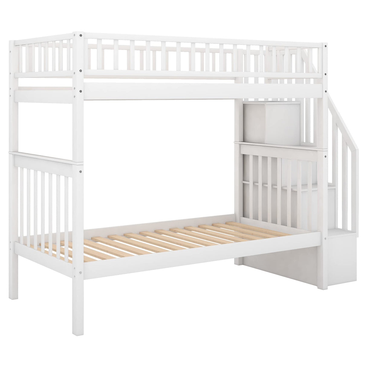 Favfurish Twin-Over-Twin Bunk Bed with Trundle,Guardrail and 4 Storage Shelves,Wood Bunk-Bed W/Planked Panel Headboards & Footboards,Bedroom Furniture for Children,Teens,Adults,White Favfurish