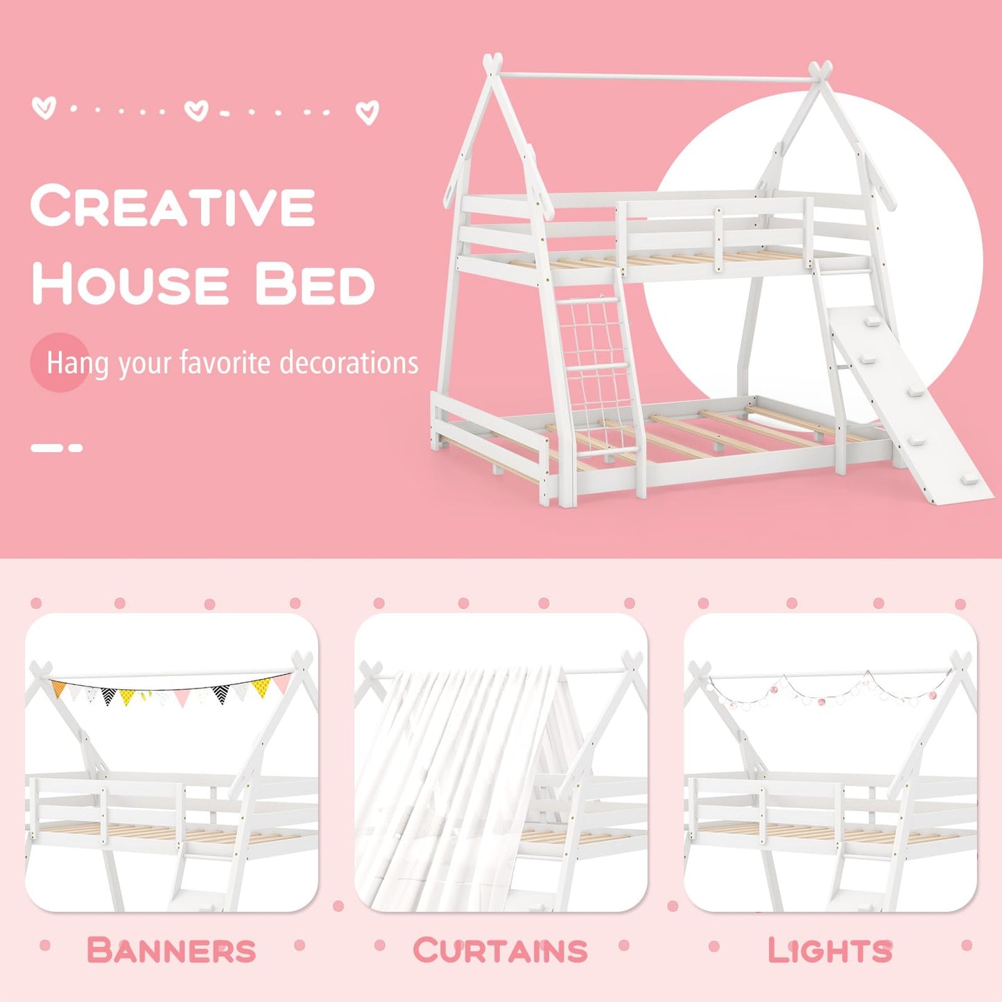 Costzon House-Shaped Twin Over Queen Bunk Bed with Climbing Nets and Ramp - White Wooden Kids Bed - WoodArtSupply