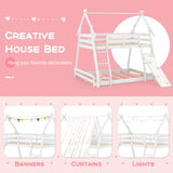 Costzon House-Shaped Twin Over Queen Bunk Bed with Climbing Nets and Ramp - White Wooden Kids Bed Costzon