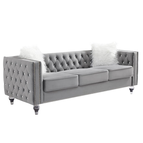 mikibama Velvet 3 Seater Sofa Couch with Buttons and Square Arms 83.07 Inch Tufted 3-seat Sofas with Trimmed Nailhead and Acrylic Legs Modern Couches for Living Room,Bedroom(Grey-Crystal Legs, Sofa) mikibama