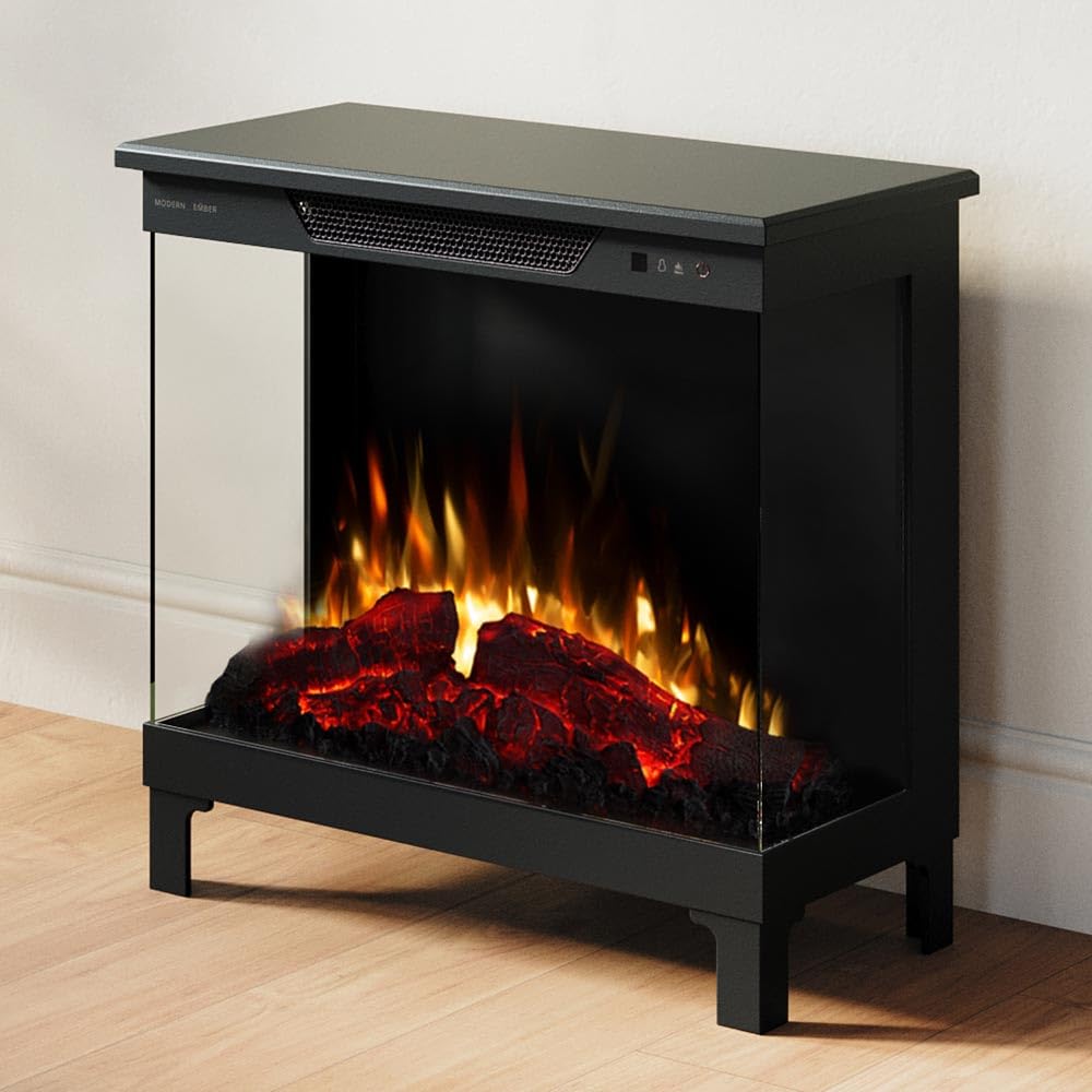 Modern Ember Smart Digital 3-Sided Electric Fireplace Stove Heater | LED Multiple Flame Colors, Works with Wi-Fi App, Alexa and Google | Remote Included | Optional Crackling Sound | Black