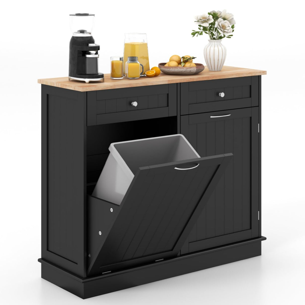 MAT EXPERT Tilt Out Laundry Hamper, 15.5-Gallon Free Standing Wooden Trash Can w/Storage Drawer & Adjustable Shelf, Kitchen Waste Bins Cabinet for Laundry Room,Pet Proof Tilt Out Trash Cabinet, Black MAT EXPERT