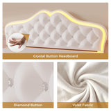 ADORNEVE Full Bed Frame with RGB LED Lights, Princess Bed Frame with Adjustable Crystal Button Headboard, Velvet Upholstered Platform Bed for Girls, Solid Wooden Slats, Easy Assembly, Creamy White ADORNEVE