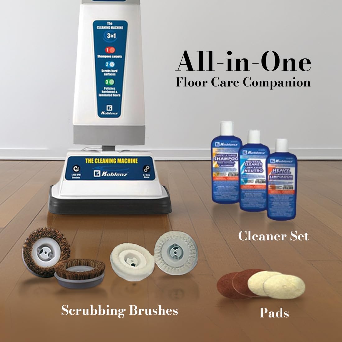 Koblenz Shampooer and Polisher Cleaning Machine, Floor Cleaner with 1100-rpm Motor, 5' Power Cord, 120-oz Tank, 2-Speed Settings, Scrubbing Brushes, Lambswool Pads, and Polishing Pads, P-820 B Koblenz