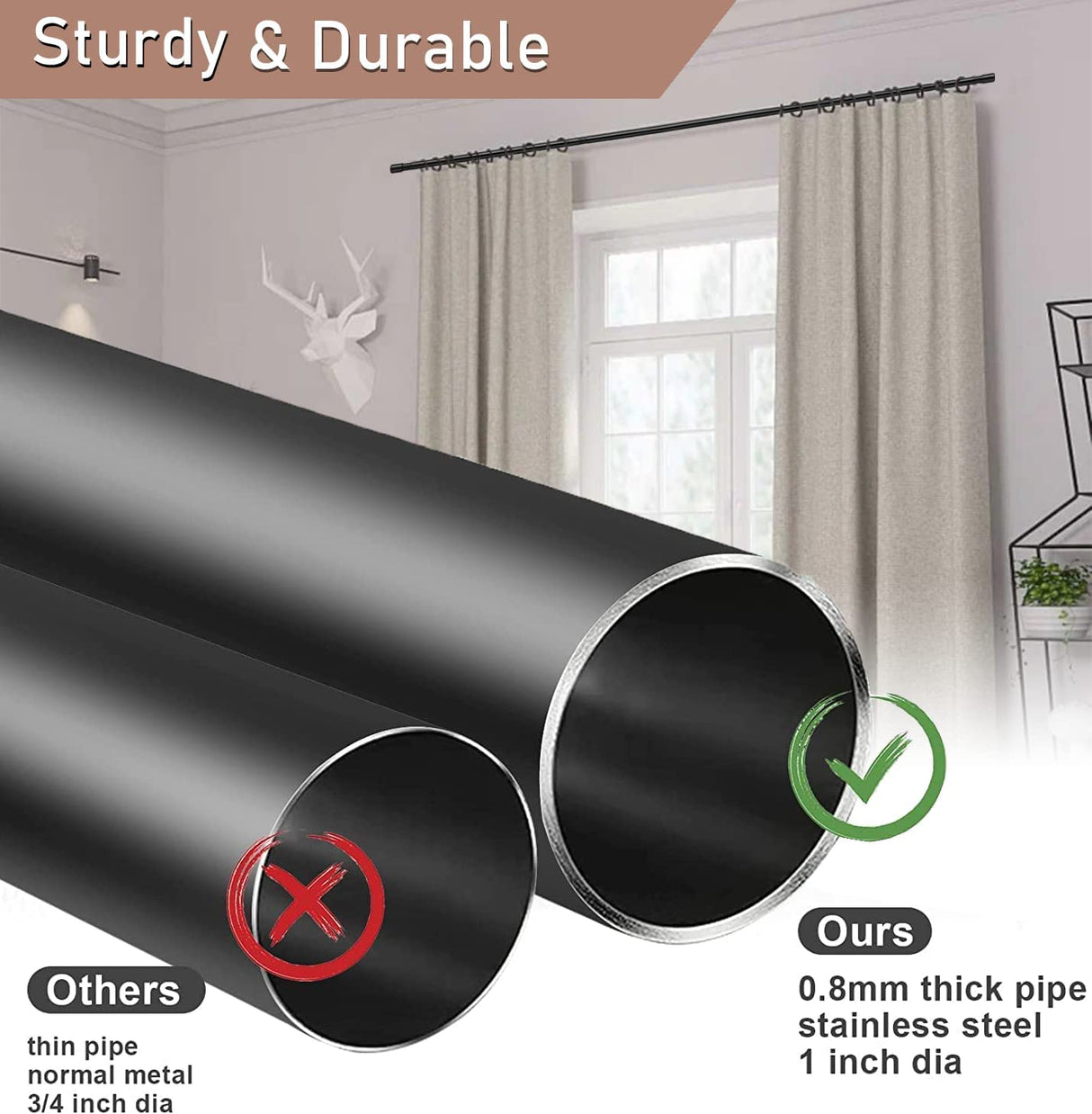 Extra Long Blackout Curtain Rods 120-inch to 175-inch - 1"Heavy Duty Adjustable Outdoor Curtain Rods for Windows,Patio Rustproof (10-14.5ft) - Black Bird Twig