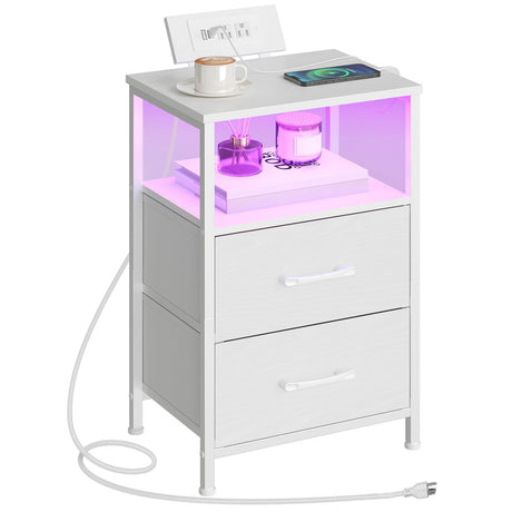 HOOBRO Nightstand with Charging Station, Bedside Table with LED Lights and 2 Fabric Drawers, End Table with 2 AC Outlets and USB Port, Small Night Stand for Bedroom, White WT118UDBZ01 HOOBRO