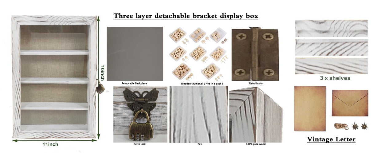 WANLIAN Shadow Box Frame with Acrylic 11x16“ Wooden Shadow Box Display Case with 3 Detachable Shelves & Linen Back, Wall-Mounted Deep Display Box Picture Frame for Photos Memorabilia (White) WANLIAN