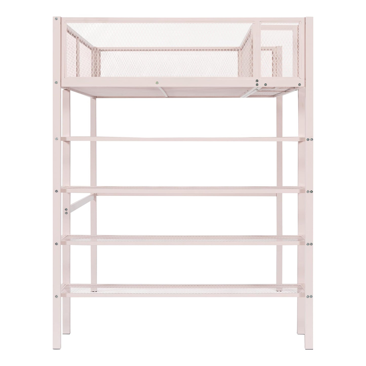 YOPTO Tiwn Size Metal Loft Bed with 4-Tier Shelves and Storage,Heavy Duty Metal Loft Bed Frame w/Bookshelf,No Box Spring Needed,for Kids Teens Adults,Pink