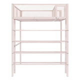YOPTO Tiwn Size Metal Loft Bed with 4-Tier Shelves and Storage,Heavy Duty Metal Loft Bed Frame w/Bookshelf,No Box Spring Needed,for Kids Teens Adults,Pink YOPTO