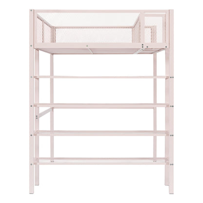 YOPTO Tiwn Size Metal Loft Bed with 4-Tier Shelves and Storage,Heavy Duty Metal Loft Bed Frame w/Bookshelf,No Box Spring Needed,for Kids Teens Adults,Pink