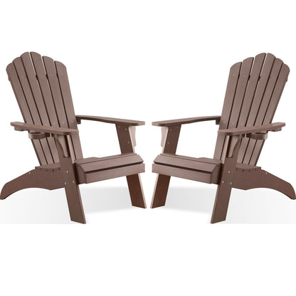 Psilvam Adirondack Chair, Oversized Poly Lumber Fire Pit Chair with Cup Holder, 350Lbs Support Patio Chairs for Garden, Weather Resistant Adirondack Chair Looks Like Real Wood (2, Brown) - WoodArtSupply