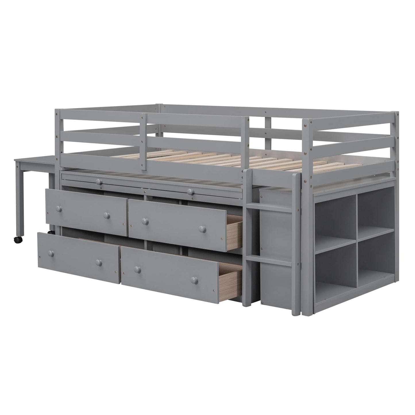 Kids Twin Low Loft Bed with Portable Desk and Storage Drawers in Gray by Harper & Bright Designs - WoodArtSupply