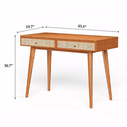 Longcoam Design Mid-Century Modern Solid Wood Desk with Drawers – 45 inch Small Boho Rattan Writing Desk for Home Office, Minimalist Design Natural Wood Table for Workspace Elegance - WoodArtSupply