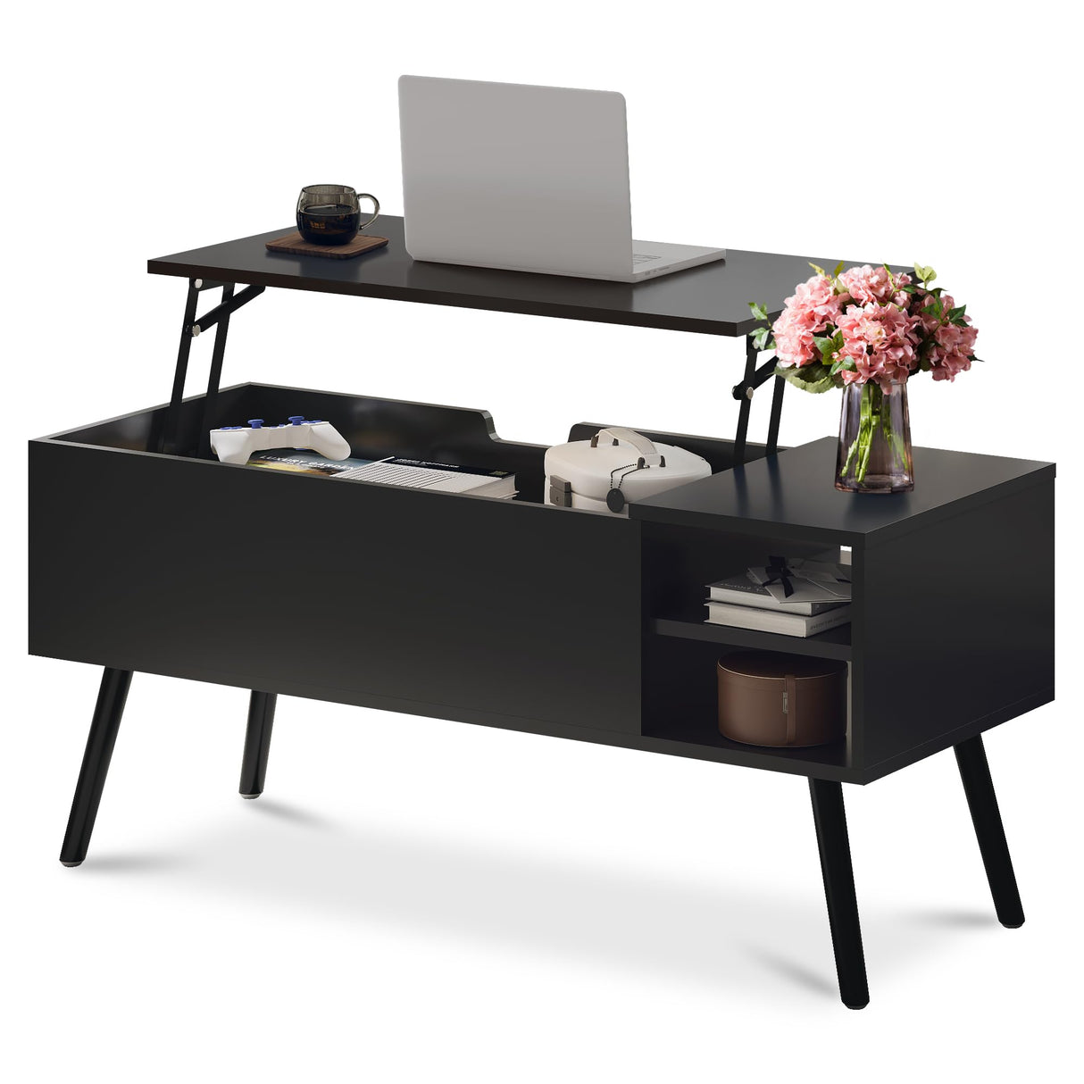 ALINE FURNITURE Coffee Table Lift Top - Black Lift Top Coffee Table with Hidden Compartment Storage - Lift Up Coffee Table - Wood Coffee Tables for Living Room ALINE FURNITURE