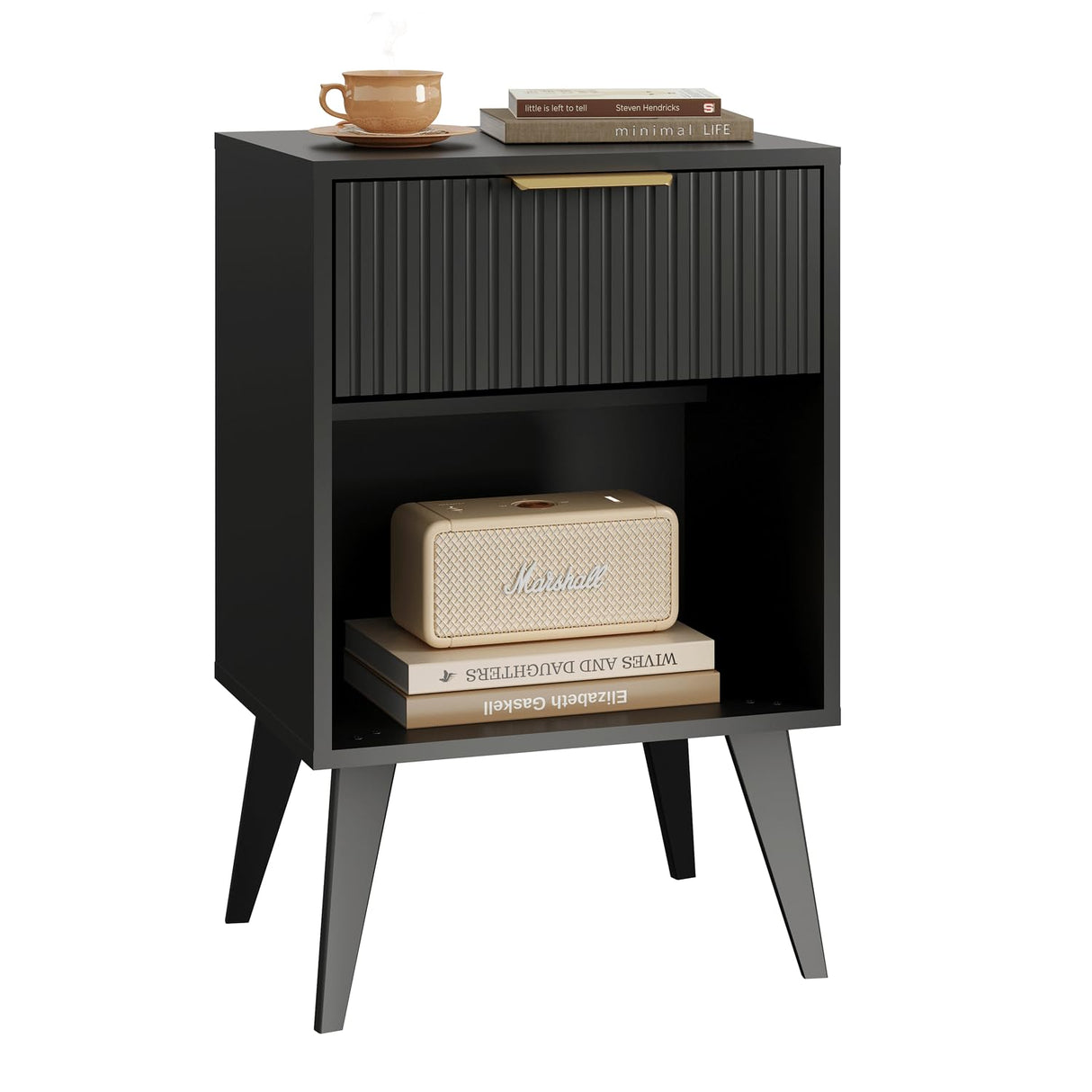 YAUKOMEL Fluted Night Stand with Opening Storage,Mid Century Bedside Table with Drawer,Modern Nightstand with Solid Wood Legs,End Table Side Table for Living Room,Bedroom,Black CTG56BK YAUKOMEL