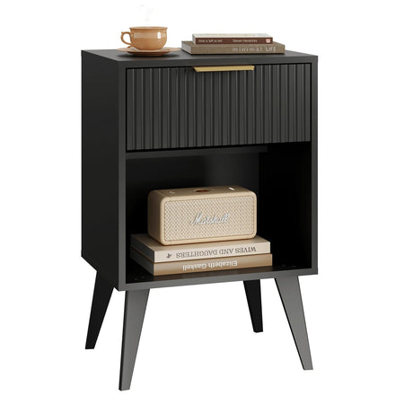 YAUKOMEL Fluted Night Stand with Opening Storage,Mid Century Bedside Table with Drawer,Modern Nightstand with Solid Wood Legs,End Table Side Table for Living Room,Bedroom,Black CTG56BK YAUKOMEL