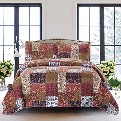 SLPR Red Riches 3-Piece Quilt Set - King Size with 2 Shams, Autumn Patchwork Design, Red Toned Lightweight Quilted Bedspread, Fall-Inspired Country Bedding SLPR