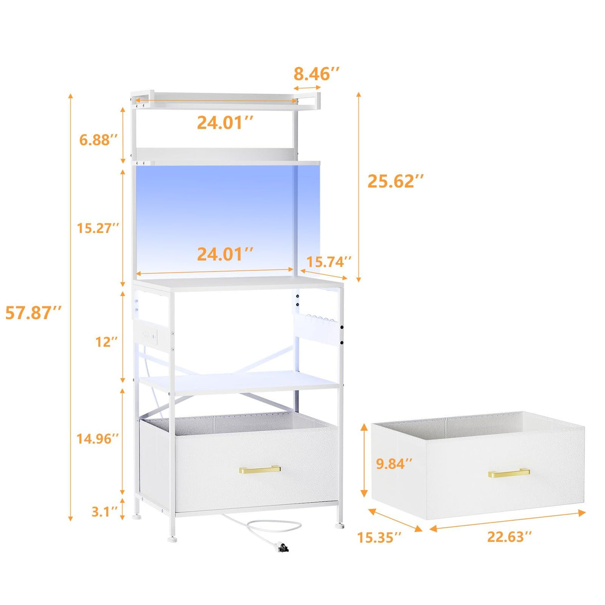 YIPPPPE Bakers Rack with Power Outlet, 5-Tier Microwave Stand with Fabric Drawer and 5 Hooks, Coffee Bar Table with LED Light, Kitchen Storage Shelf Rack for Spices, Pots and Pans, White YIPPPPE