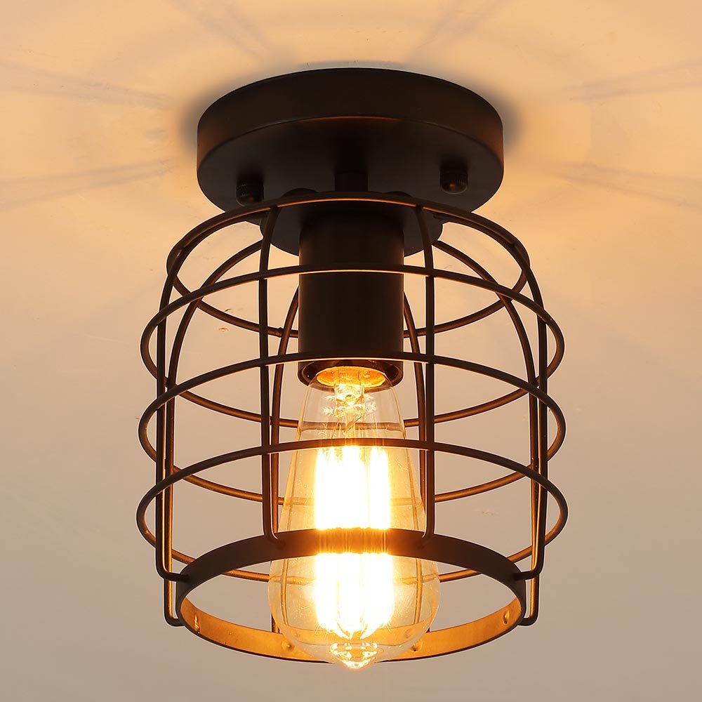 Create For Life® Industrial Vintage Flush Mount Ceiling Light,Rustic Metal Cage Pendant Lighting Lamp Fixture for Hallway Stairway Kitchen Garage, E26, Black Painting Finish Create For Life