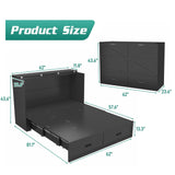 Hlivelood Queen Size Murphy Chest Bed with Drawer and Charging Station, Farmhouse Wood Space-Saving Hidden Folding Bed Chest, Multifunctional Storage Cabinet Beds for Bedroom, Office, Black Hlivelood