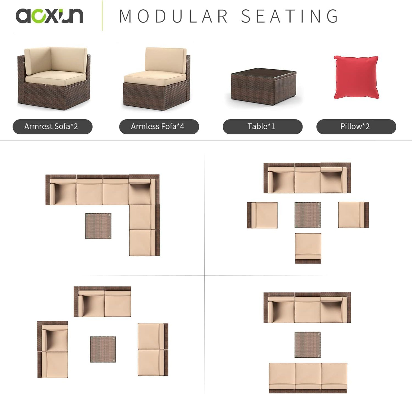 Aoxun Patio Furniture Sets 7PCS Outdoor Wicker Conversation Furniture Set with Glass Coffee Table for Children, Girls and People in Small Size (Brown) - WoodArtSupply