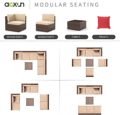 Aoxun Patio Furniture Sets 7PCS Outdoor Wicker Conversation Furniture Set with Glass Coffee Table for Children, Girls and People in Small Size (Brown) - WoodArtSupply