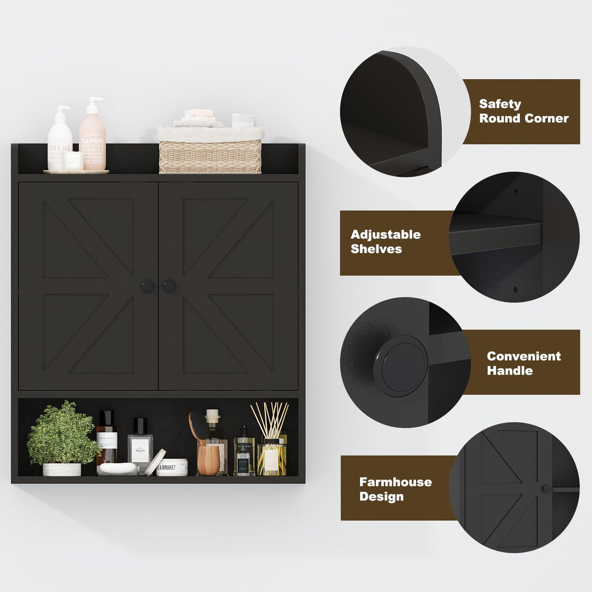 EasyCom 22" W x 26" H Bathroom Wall Cabinet, Farmhouse Medicine Cabinet with Adjustable Shelves and Double Barn Doors, Over The Toilet Storage Cabinet for Bathroom, Kitchen, Living Room, Black EasyCom