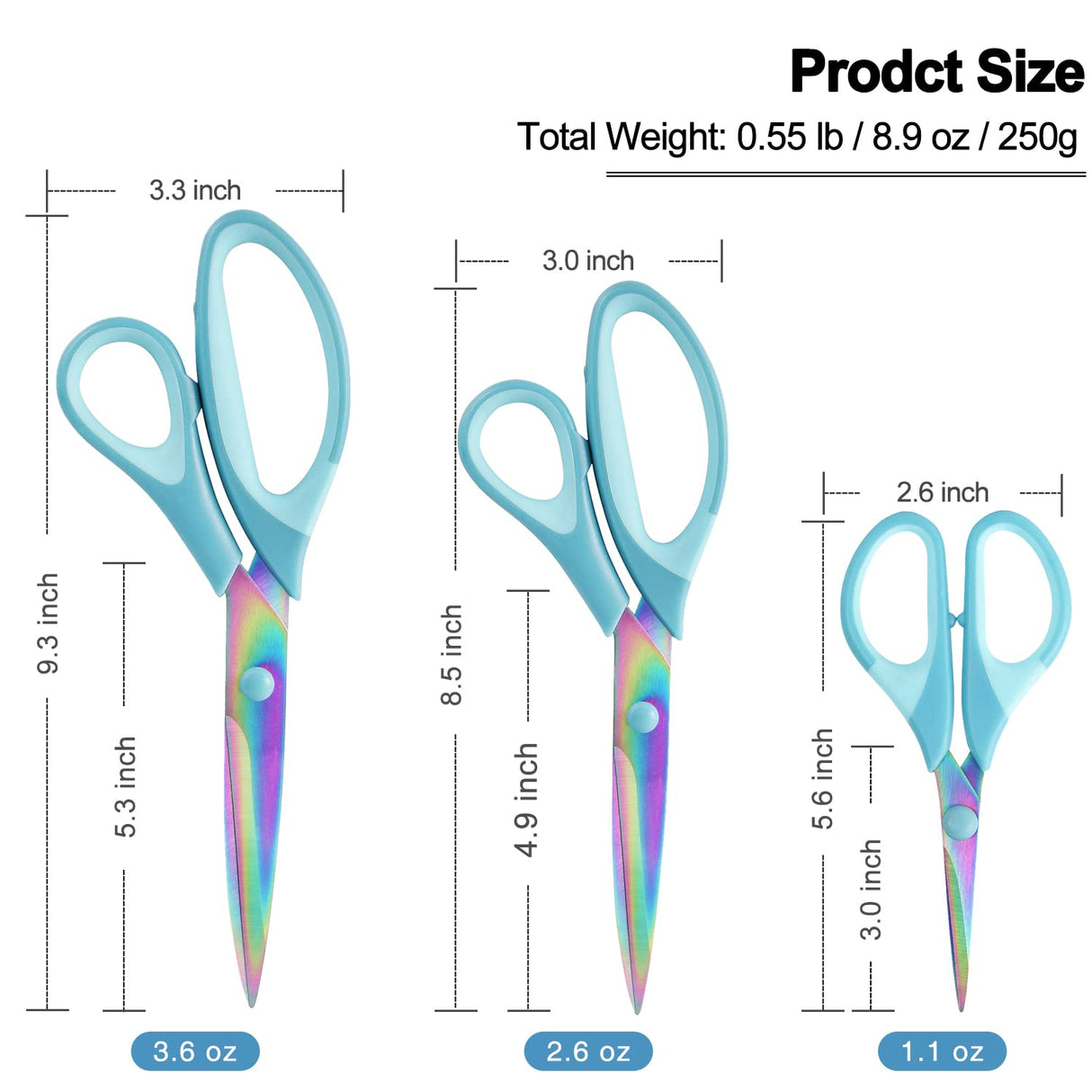 Craft Scissors, All Purpose Sharp Titanium Blade Shears, Comfortable Grips, School Scissors Set of 3 pack, Ideal for Office, Home, Sewing, Fabric, Kitchen, Arts and DIY Supplies, 9.3"/8.5"/5.6", Blue Ailile