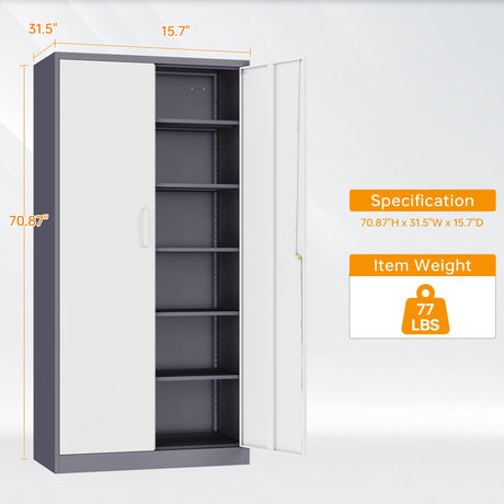 STANI Metal Garage Storage Cabinet with Lock, 71" Steel Lockable File Cabinet, Locking Steel Storage Cabinet with 4 Adjustable Shelves for Home, Office, Warehouse, Garage, School (White+Grey) STANI
