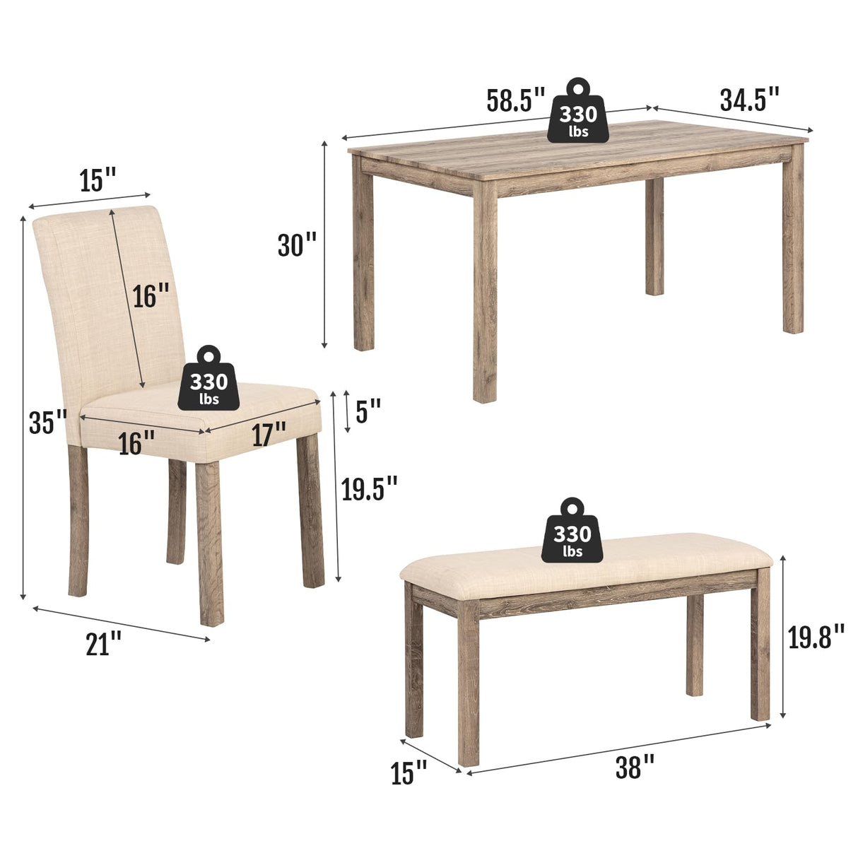 Zevemomo 6-Piece Solid Wood Dining Table Set, Including 1 Dining Table, 4 Upholstered Chairs and 1 Bench, Wooden Legs Dining Table Set for Dining Room, Kitchen, Restaurant, Brown Zevemomo