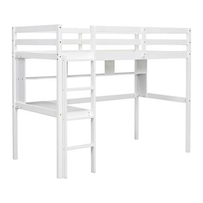 PVWIIK Twin Size Loft Bed with Shelves and Desk,Solid Wood Loft Bed Frame w/Safety Guardrail and Ladder,Space Saving Design, No Box Spring Needed, White