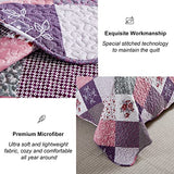 Dinjoy Purple Quilt Set Queen Size, Reversible Floral Plaid Patchwork Pattern Bedding Set Soft Microfiber Lightweight Bedspread Coverlet 3 Piece Spring Summer Use (90x90 inches) Dinjoy